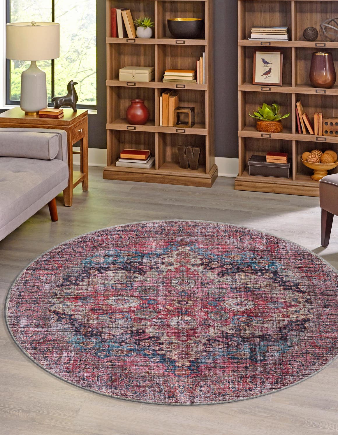 Washable Multicolor 3' 11 x 3' 11 Mangata Round Area Rug Easy to Clean Stain Resistant & Durable Chenille Traditional Vintage Distressed Carpet for Sale at Rug Engine
