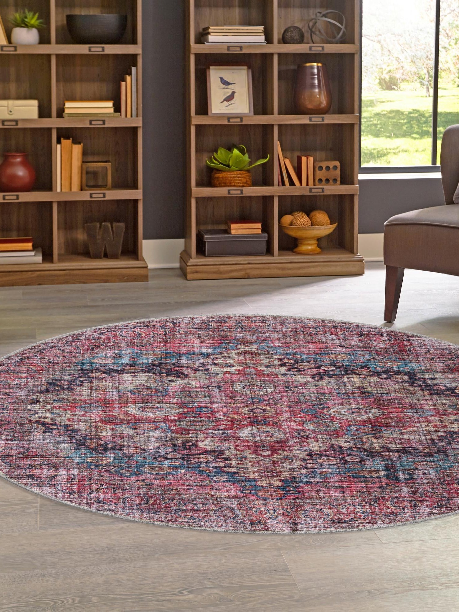 Washable Multicolor 3' 11 x 3' 11 Mangata Round Area Rug Easy to Clean Stain Resistant & Durable Chenille Traditional Vintage Distressed Carpet for Sale at Rug Engine