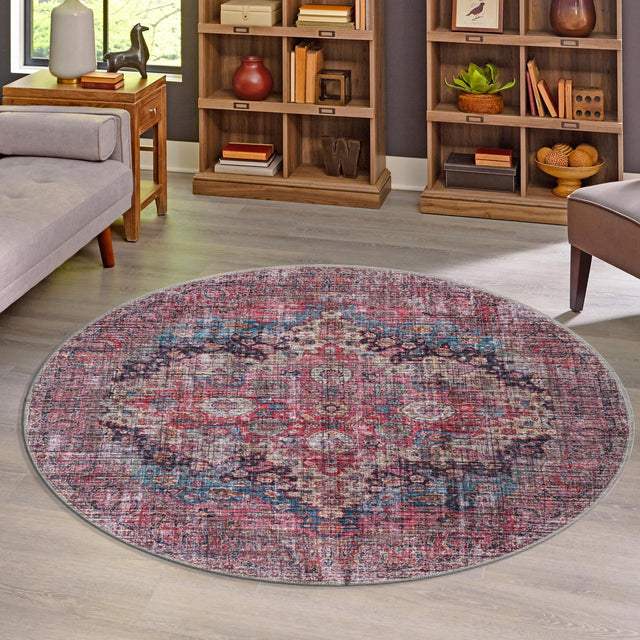 Washable Multicolor 7' 3 x 7' 3 Mangata Round Area Rug Easy to Clean Stain Resistant & Durable Chenille Traditional Vintage Distressed Carpet for Sale at Rug Engine