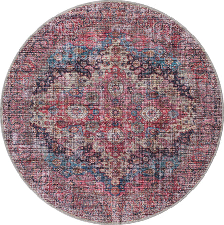Washable Multicolor 5' 3 x 5' 3 Mangata Washable Round Area Rug Easy to Clean Stain Resistant & Durable Chenille Traditional Vintage Distressed Carpet for Sale at Rug Engine