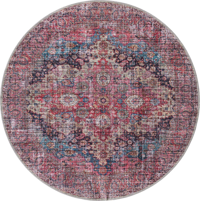 Washable Multicolor 5' 3 x 5' 3 Mangata Washable Round Area Rug Easy to Clean Stain Resistant & Durable Chenille Traditional Vintage Distressed Carpet for Sale at Rug Engine