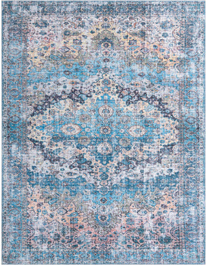 Washable Blue 9' 2 x 12' Mangata Washable Rectangle Area Rug Easy to Clean Stain Resistant & Durable Chenille Traditional Vintage Distressed Carpet for Sale at Rug Engine