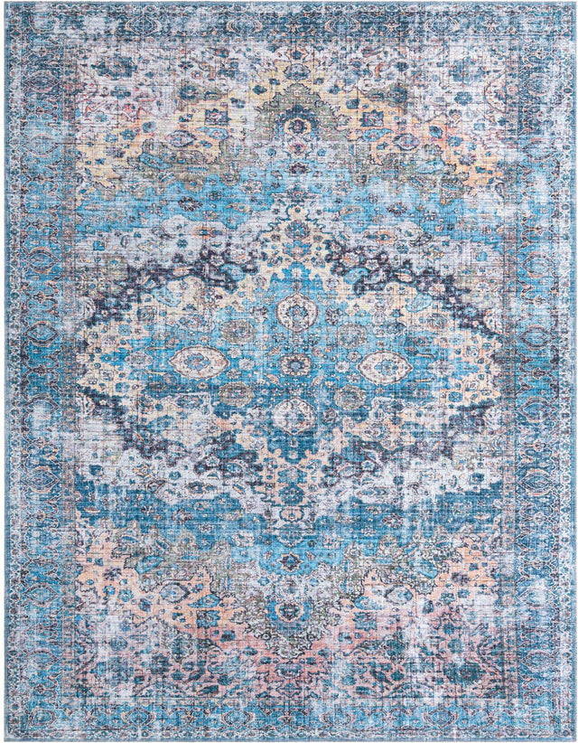 Washable Blue 9' 2 x 12' Mangata Washable Rectangle Area Rug Easy to Clean Stain Resistant & Durable Chenille Traditional Vintage Distressed Carpet for Sale at Rug Engine