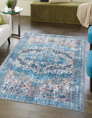Washable Blue 9' 2 x 12' Mangata Washable Rectangle Area Rug Easy to Clean Stain Resistant & Durable Chenille Traditional Vintage Distressed Carpet for Sale at Rug Engine