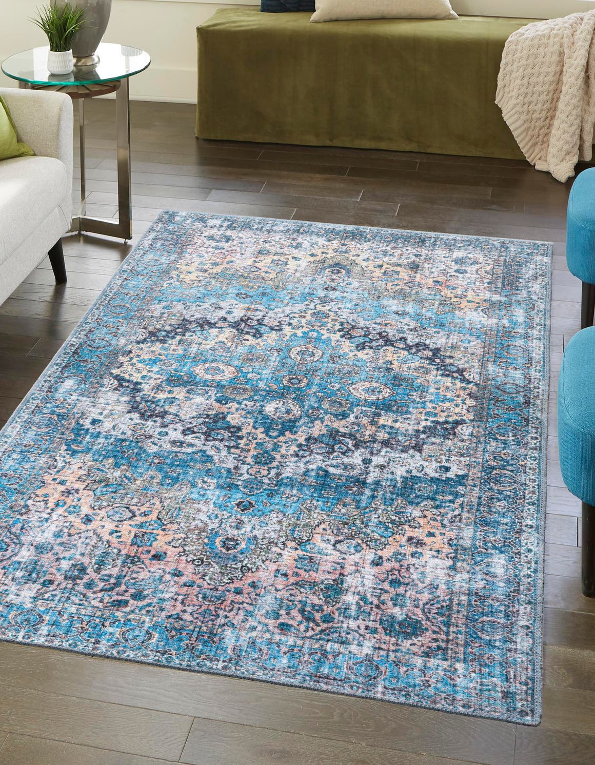 Washable Blue 10' 6 x 13' Mangata Washable Rectangle Area Rug Easy to Clean Stain Resistant & Durable Chenille Traditional Vintage Distressed Carpet for Sale at Rug Engine