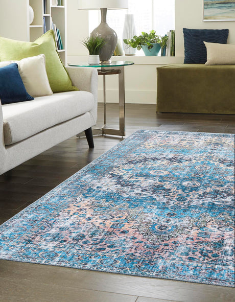 Washable Blue 7' 10 x 10' Mangata Rectangle Area Rug Easy to Clean Stain Resistant & Durable Chenille Traditional Vintage Distressed Carpet for Sale at Rug Engine