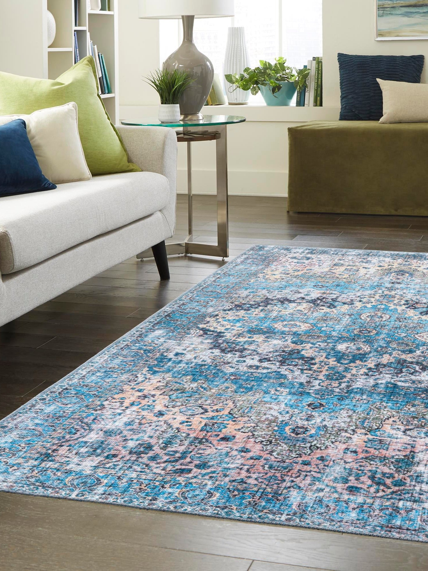 Washable Blue 10' 6 x 13' Mangata Washable Rectangle Area Rug Easy to Clean Stain Resistant & Durable Chenille Traditional Vintage Distressed Carpet for Sale at Rug Engine