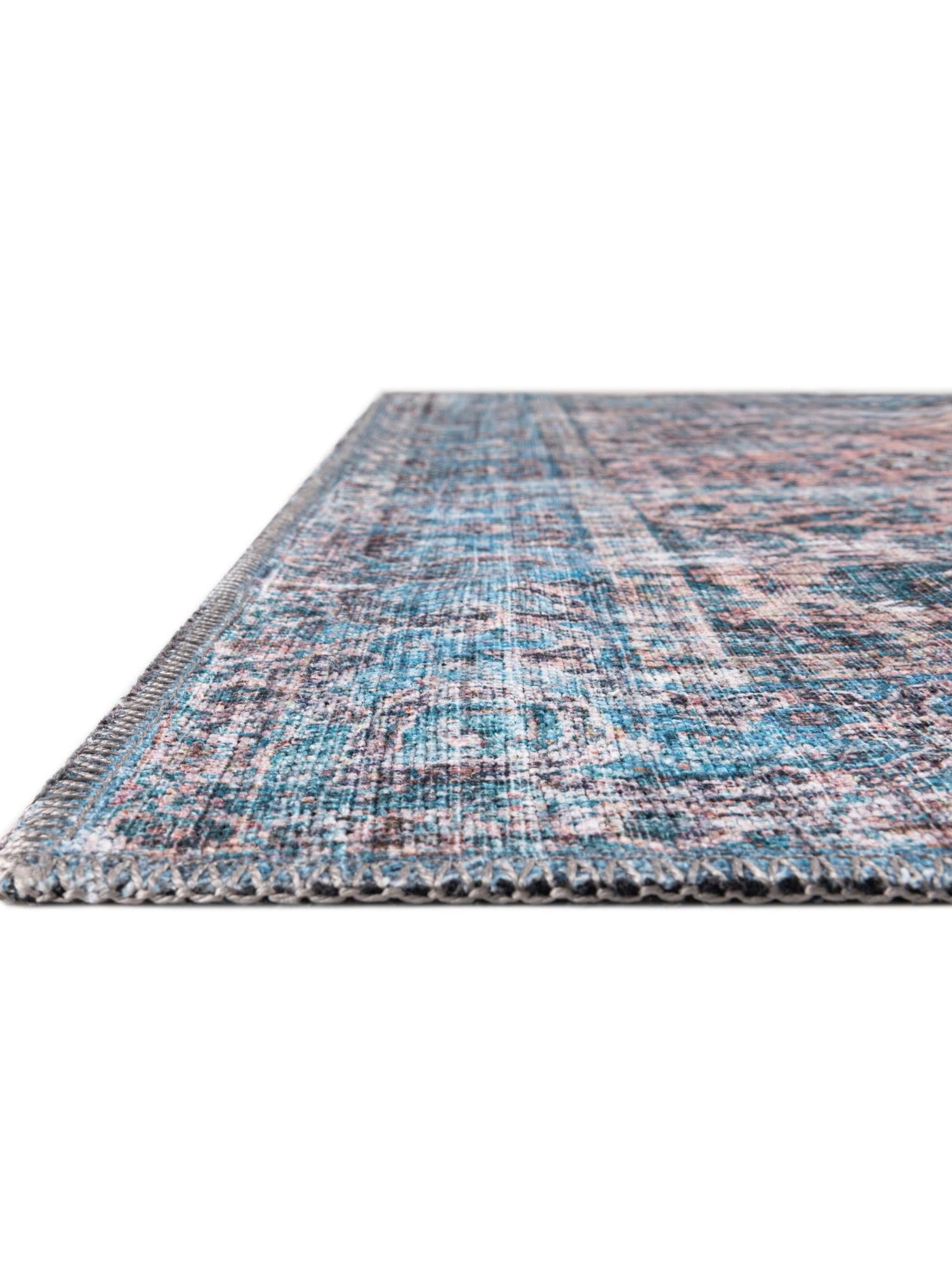 Washable Blue 9' 2 x 12' Mangata Washable Rectangle Area Rug Easy to Clean Stain Resistant & Durable Chenille Traditional Vintage Distressed Carpet for Sale at Rug Engine