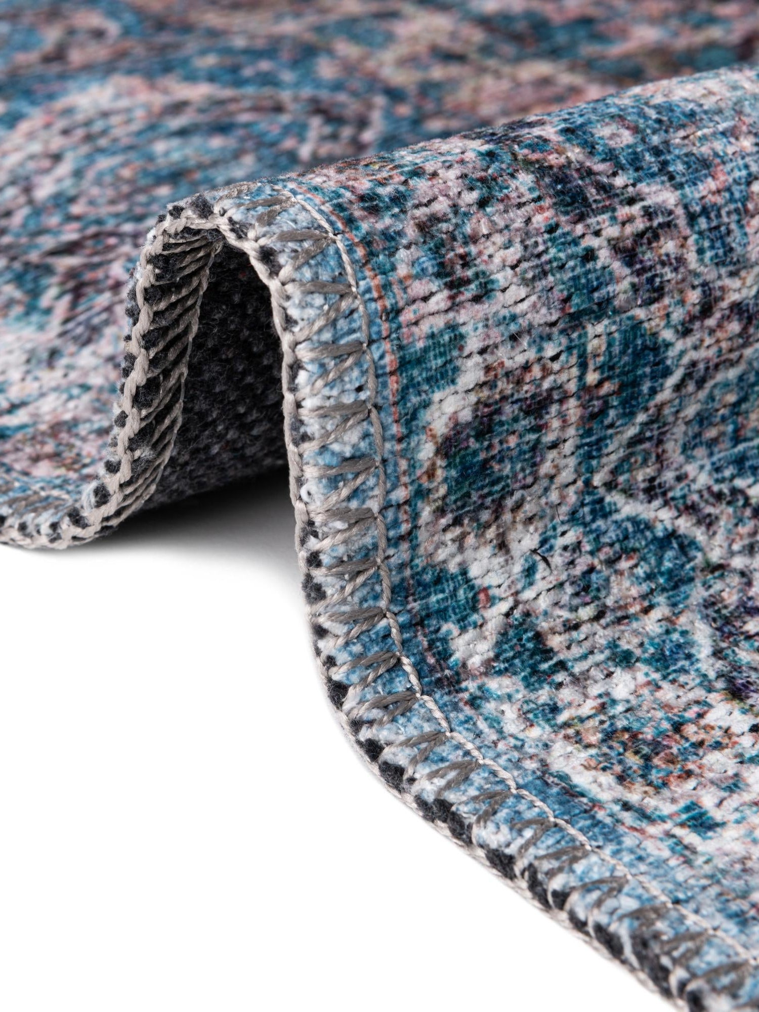 Washable Blue 9' 2 x 12' Mangata Washable Rectangle Area Rug Easy to Clean Stain Resistant & Durable Chenille Traditional Vintage Distressed Carpet for Sale at Rug Engine