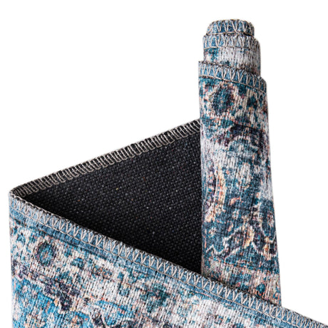 Washable Blue 9' 2 x 12' Mangata Washable Rectangle Area Rug Easy to Clean Stain Resistant & Durable Chenille Traditional Vintage Distressed Carpet for Sale at Rug Engine