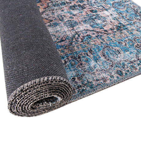 Washable Blue 5' 3 x 8' Mangata Rectangle Area Rug Easy to Clean Stain Resistant & Durable Chenille Traditional Vintage Distressed Carpet for Sale at Rug Engine
