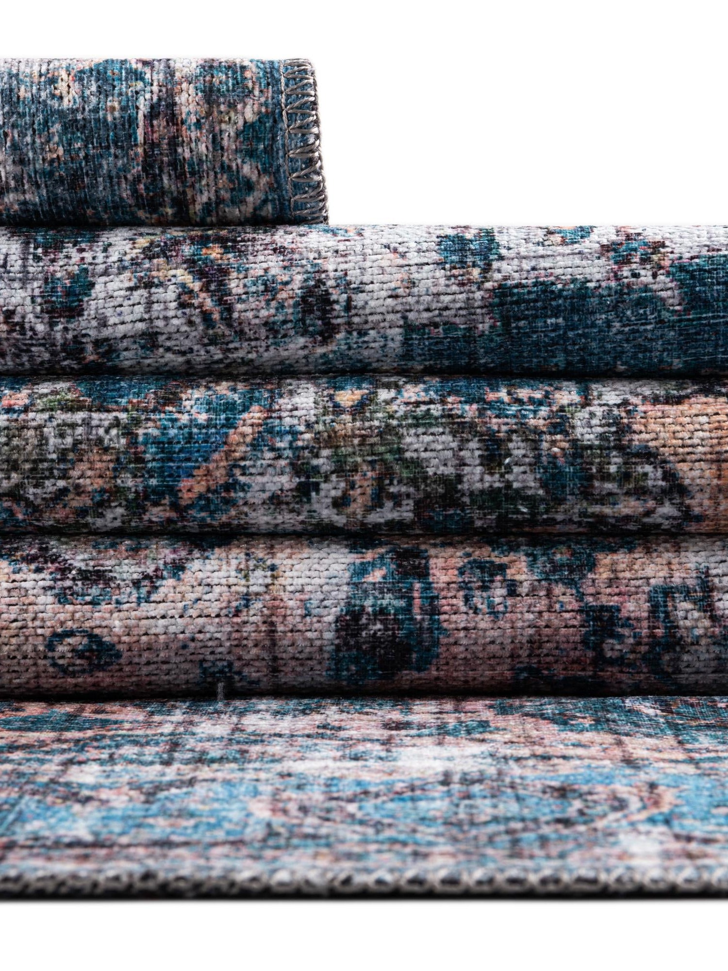 Washable Blue 9' 2 x 12' Mangata Washable Rectangle Area Rug Easy to Clean Stain Resistant & Durable Chenille Traditional Vintage Distressed Carpet for Sale at Rug Engine