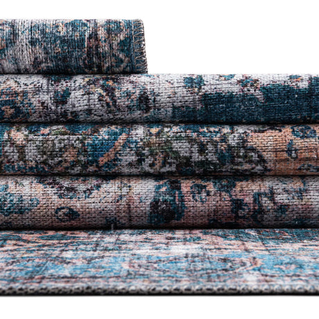 Washable Blue 10' 6 x 13' Mangata Washable Rectangle Area Rug Easy to Clean Stain Resistant & Durable Chenille Traditional Vintage Distressed Carpet for Sale at Rug Engine