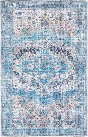 Washable Blue 2' x 3' Mangata Rectangle Area Rug Easy to Clean Stain Resistant & Durable Chenille Traditional Vintage Distressed Carpet for Sale at Rug Engine