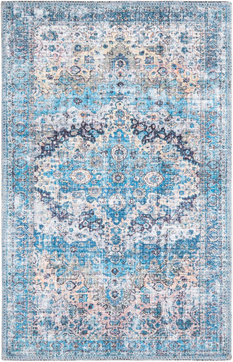 Washable Blue 2' x 3' Mangata Rectangle Area Rug Easy to Clean Stain Resistant & Durable Chenille Traditional Vintage Distressed Carpet for Sale at Rug Engine