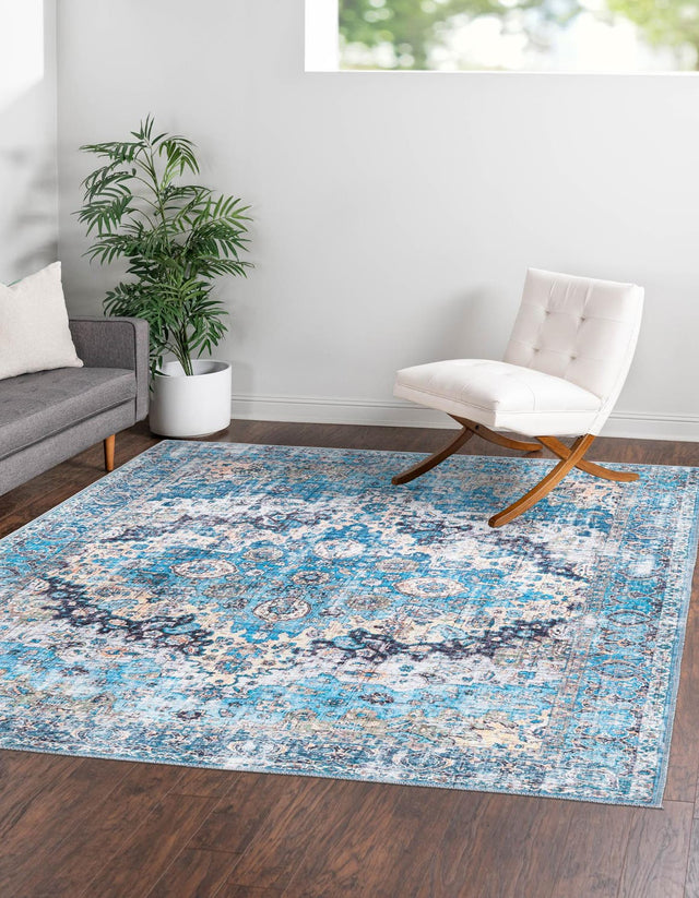 Washable Blue 7' 10 x 7' 10 Mangata Square Area Rug Easy to Clean Stain Resistant & Durable Chenille Traditional Vintage Distressed Carpet for Sale at Rug Engine