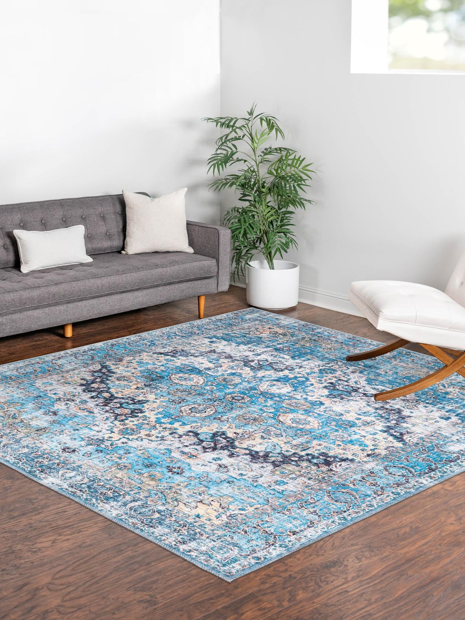 Washable Blue 5' 3 x 5' 3 Mangata Square Area Rug Easy to Clean Stain Resistant & Durable Chenille Traditional Vintage Distressed Carpet for Sale at Rug Engine