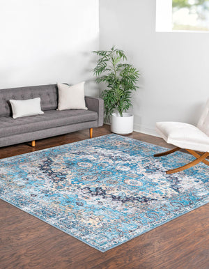 Washable Blue 5' 3 x 5' 3 Mangata Square Area Rug Easy to Clean Stain Resistant & Durable Chenille Traditional Vintage Distressed Carpet for Sale at Rug Engine