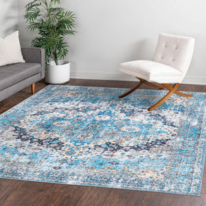 Washable Blue 7' 10 x 7' 10 Mangata Square Area Rug Easy to Clean Stain Resistant & Durable Chenille Traditional Vintage Distressed Carpet for Sale at Rug Engine