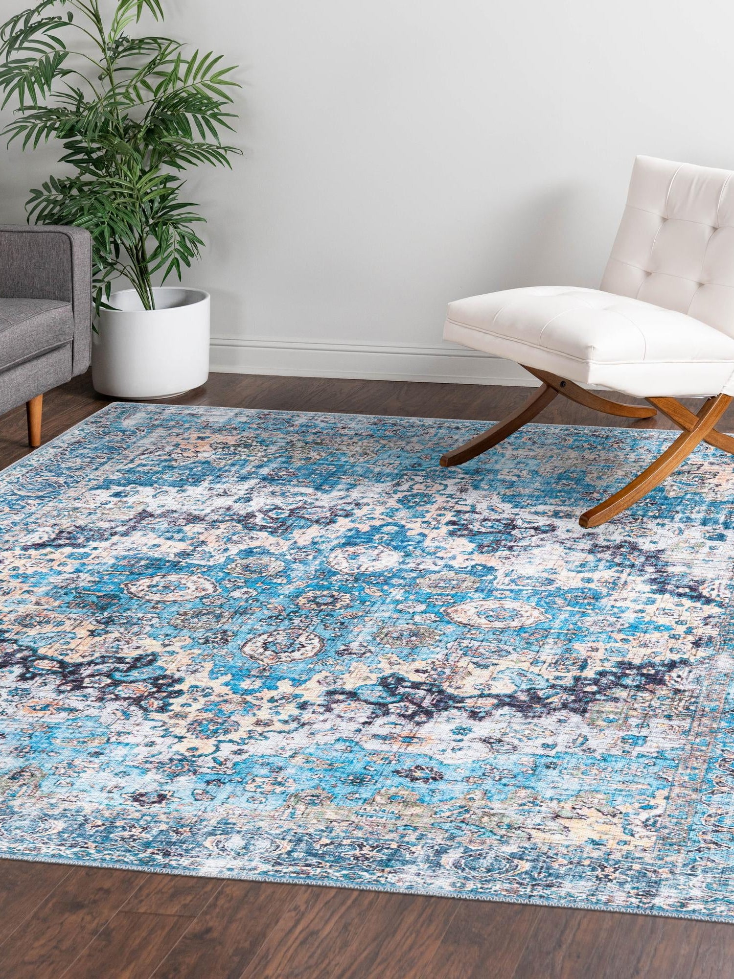 Washable Blue 5' 3 x 5' 3 Mangata Square Area Rug Easy to Clean Stain Resistant & Durable Chenille Traditional Vintage Distressed Carpet for Sale at Rug Engine