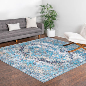 Washable Blue 7' 10 x 7' 10 Mangata Square Area Rug Easy to Clean Stain Resistant & Durable Chenille Traditional Vintage Distressed Carpet for Sale at Rug Engine