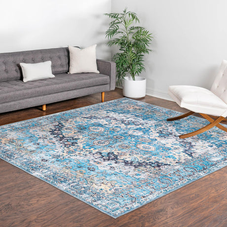 Washable Blue 7' 10 x 7' 10 Mangata Square Area Rug Easy to Clean Stain Resistant & Durable Chenille Traditional Vintage Distressed Carpet for Sale at Rug Engine