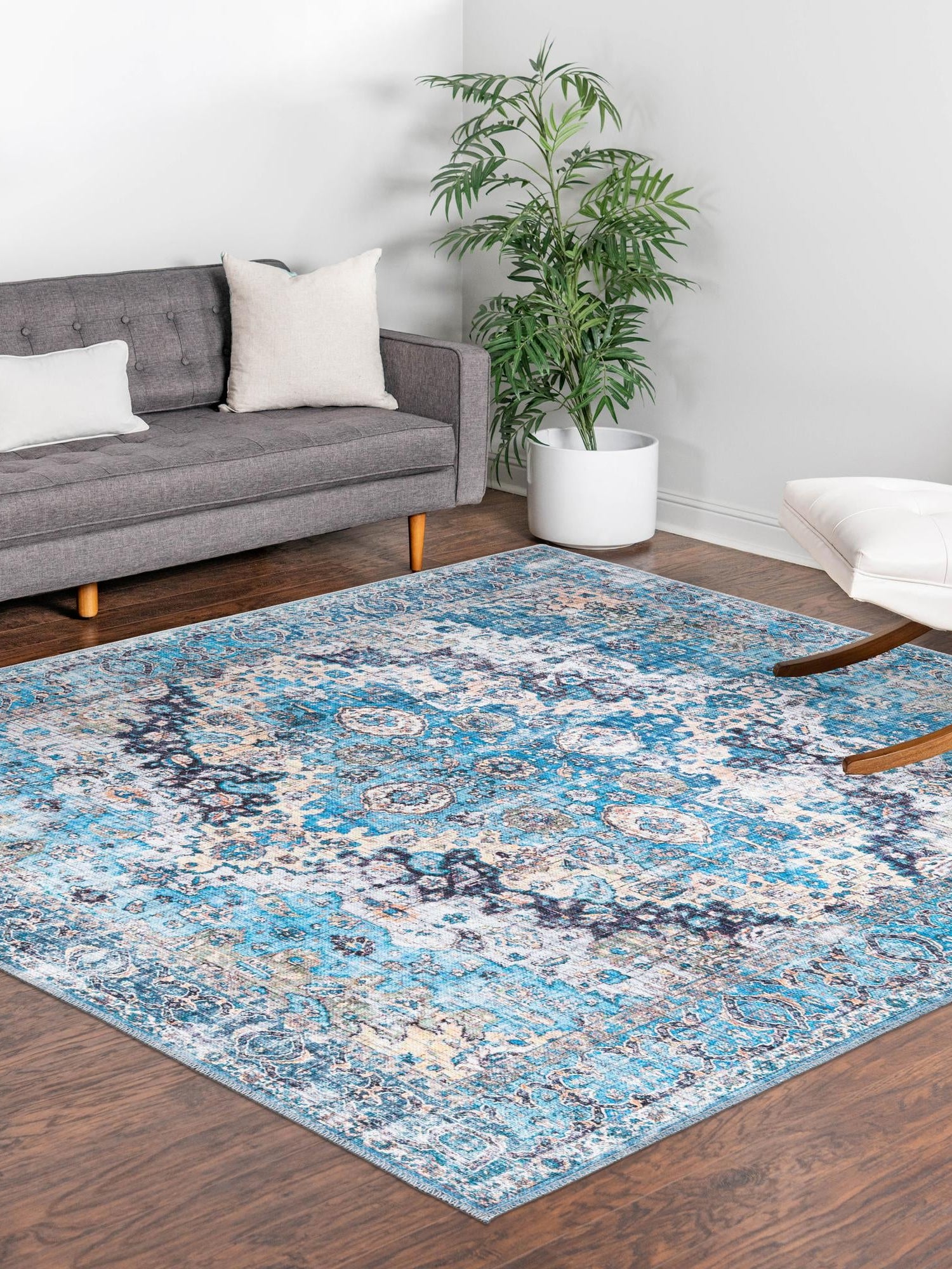 Washable Blue 5' 3 x 5' 3 Mangata Square Area Rug Easy to Clean Stain Resistant & Durable Chenille Traditional Vintage Distressed Carpet for Sale at Rug Engine