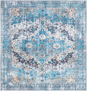 Washable Blue 5' 3 x 5' 3 Mangata Square Area Rug Easy to Clean Stain Resistant & Durable Chenille Traditional Vintage Distressed Carpet for Sale at Rug Engine