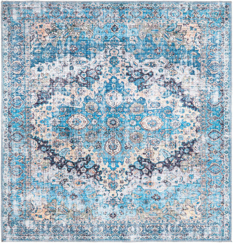 Washable Blue 5' 3 x 5' 3 Mangata Square Area Rug Easy to Clean Stain Resistant & Durable Chenille Traditional Vintage Distressed Carpet for Sale at Rug Engine