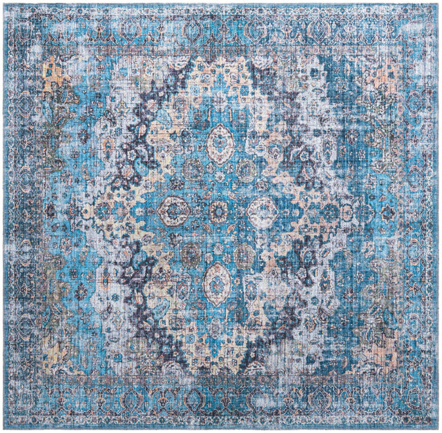 Washable Blue 7' 10 x 7' 10 Mangata Square Area Rug Easy to Clean Stain Resistant & Durable Chenille Traditional Vintage Distressed Carpet for Sale at Rug Engine