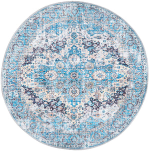 Washable Blue 3' 11 x 3' 11 Mangata Round Area Rug Easy to Clean Stain Resistant & Durable Chenille Traditional Vintage Distressed Carpet for Sale at Rug Engine