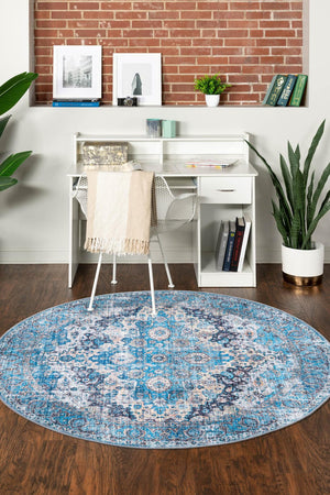 Washable Blue 5' 3 x 5' 3 Mangata Round Area Rug Easy to Clean Stain Resistant & Durable Chenille Traditional Vintage Distressed Carpet for Sale at Rug Engine