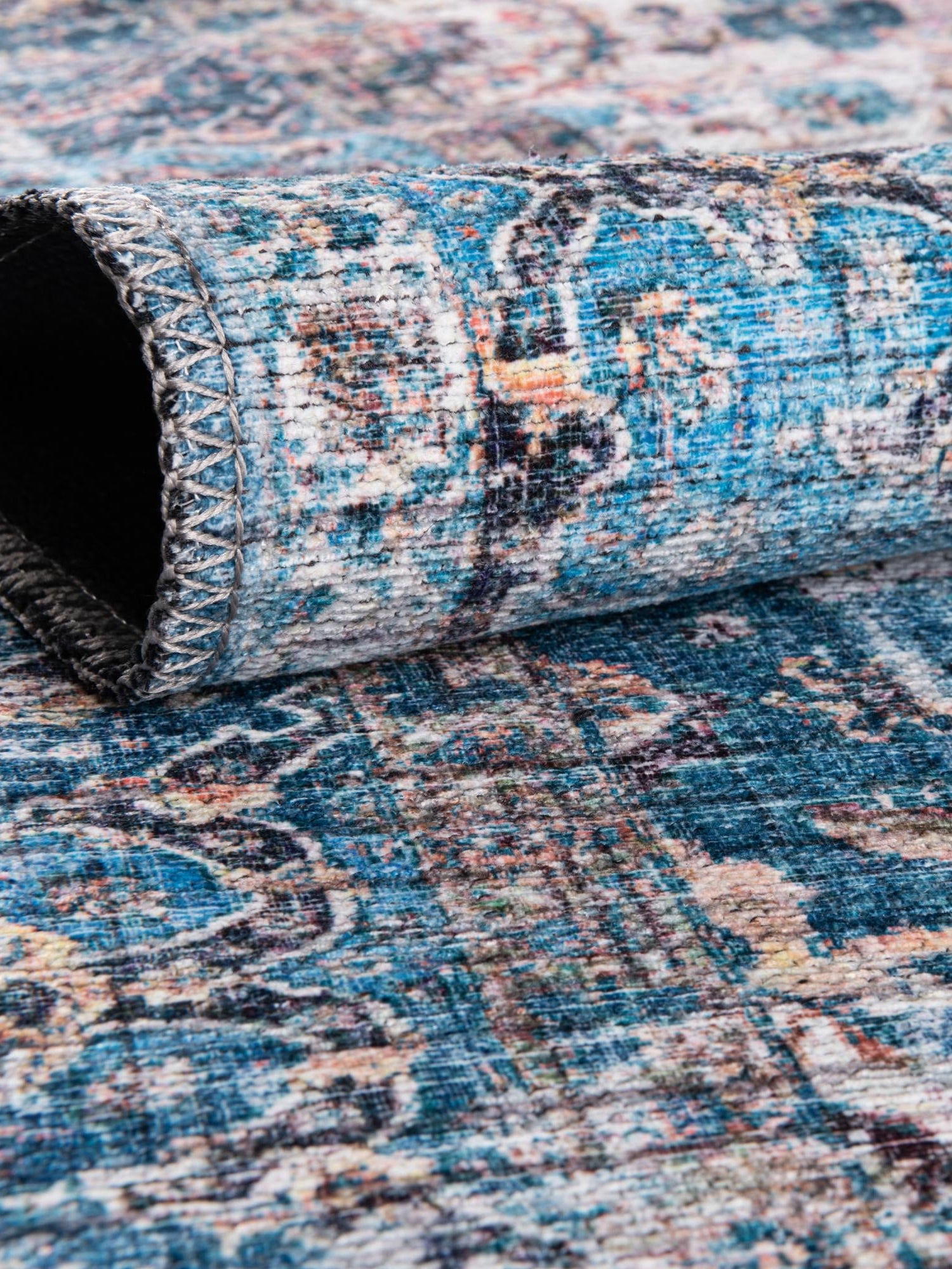 Washable Blue 7' 3 x 7' 3 Mangata Washable Round Area Rug Easy to Clean Stain Resistant & Durable Chenille Traditional Vintage Distressed Carpet for Sale at Rug Engine