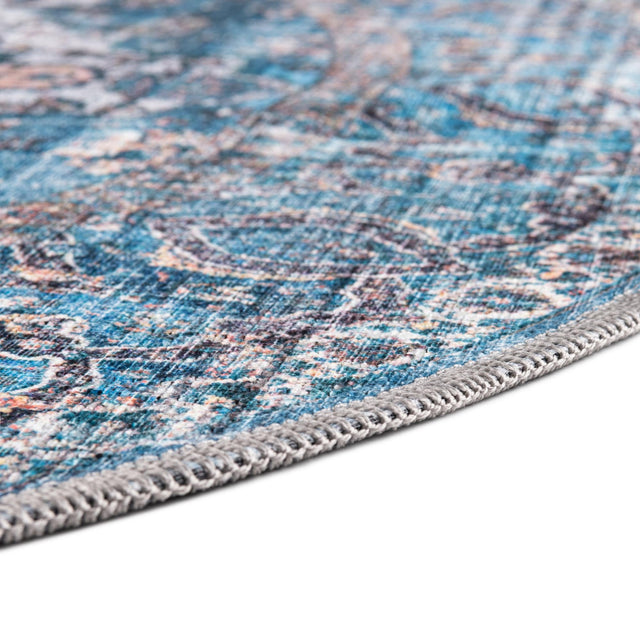 Washable Blue 3' 11 x 3' 11 Mangata Round Area Rug Easy to Clean Stain Resistant & Durable Chenille Traditional Vintage Distressed Carpet for Sale at Rug Engine