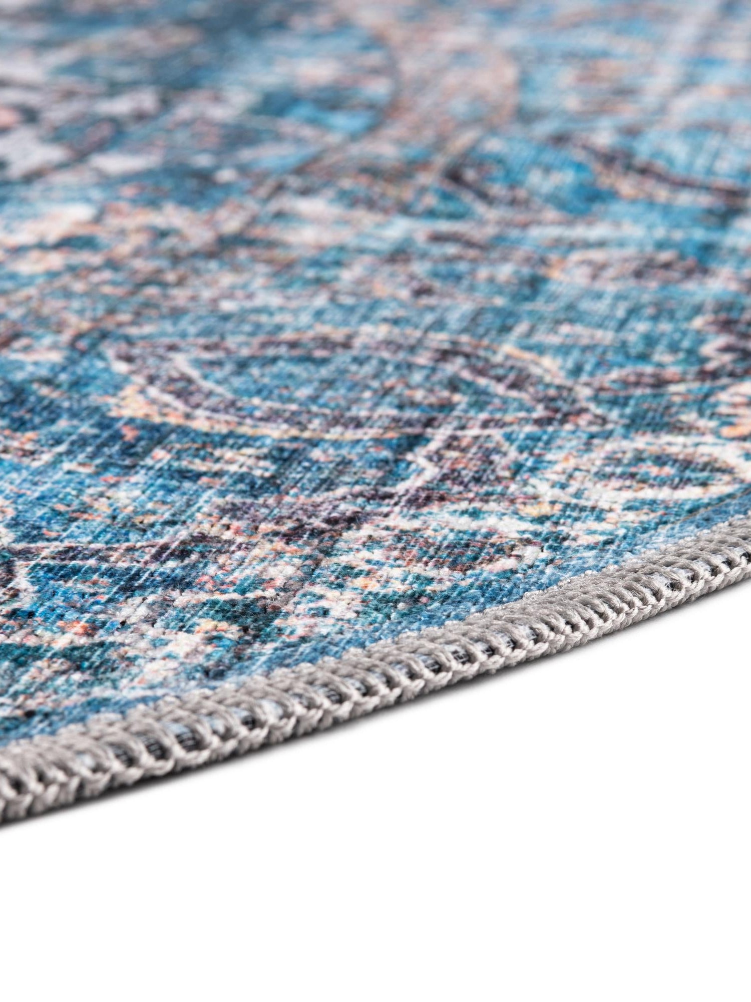 Washable Blue 5' 3 x 5' 3 Mangata Round Area Rug Easy to Clean Stain Resistant & Durable Chenille Traditional Vintage Distressed Carpet for Sale at Rug Engine