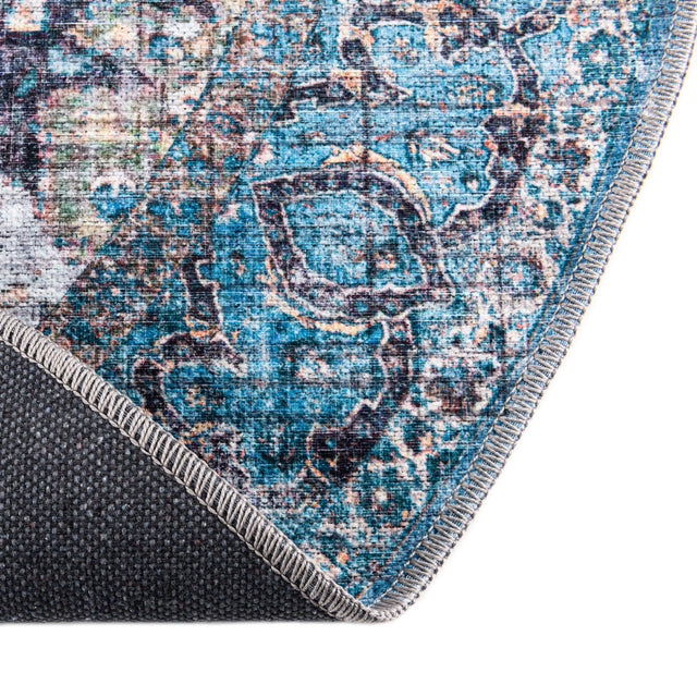 Washable Blue 3' 11 x 3' 11 Mangata Round Area Rug Easy to Clean Stain Resistant & Durable Chenille Traditional Vintage Distressed Carpet for Sale at Rug Engine