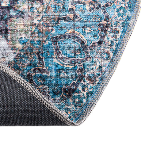 Washable Blue 7' 3 x 7' 3 Mangata Washable Round Area Rug Easy to Clean Stain Resistant & Durable Chenille Traditional Vintage Distressed Carpet for Sale at Rug Engine