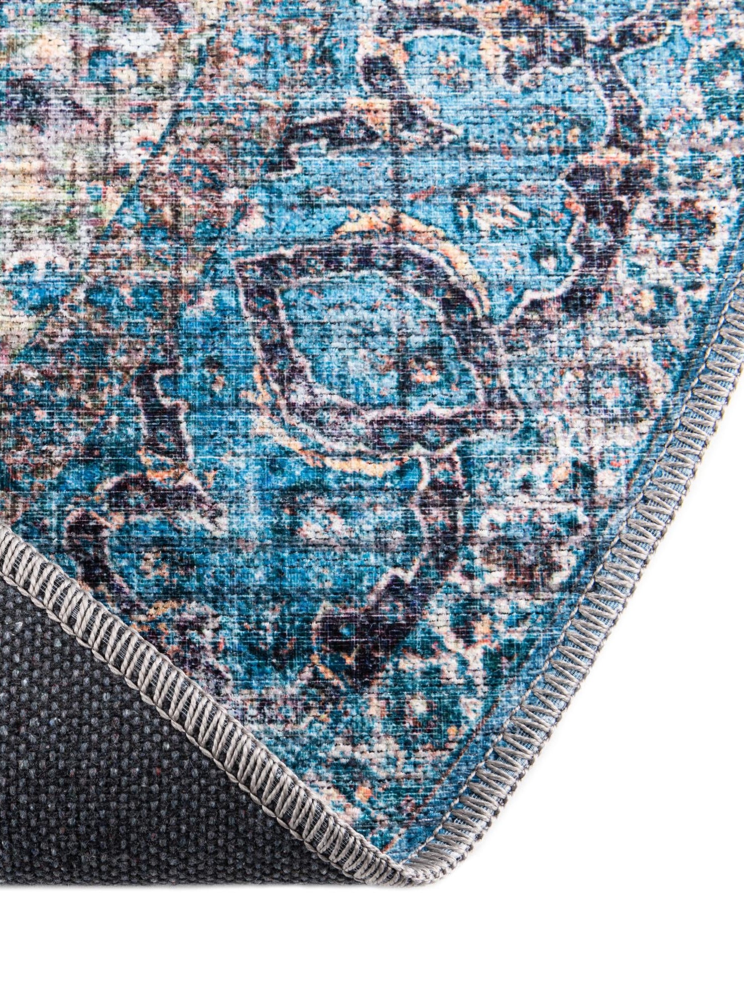 Washable Blue 5' 3 x 5' 3 Mangata Round Area Rug Easy to Clean Stain Resistant & Durable Chenille Traditional Vintage Distressed Carpet for Sale at Rug Engine