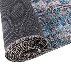 Washable Blue 3' 11 x 3' 11 Mangata Round Area Rug Easy to Clean Stain Resistant & Durable Chenille Traditional Vintage Distressed Carpet for Sale at Rug Engine