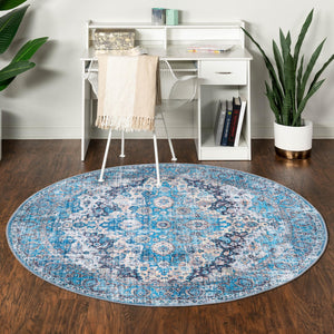 Washable Blue 3' 11 x 3' 11 Mangata Round Area Rug Easy to Clean Stain Resistant & Durable Chenille Traditional Vintage Distressed Carpet for Sale at Rug Engine