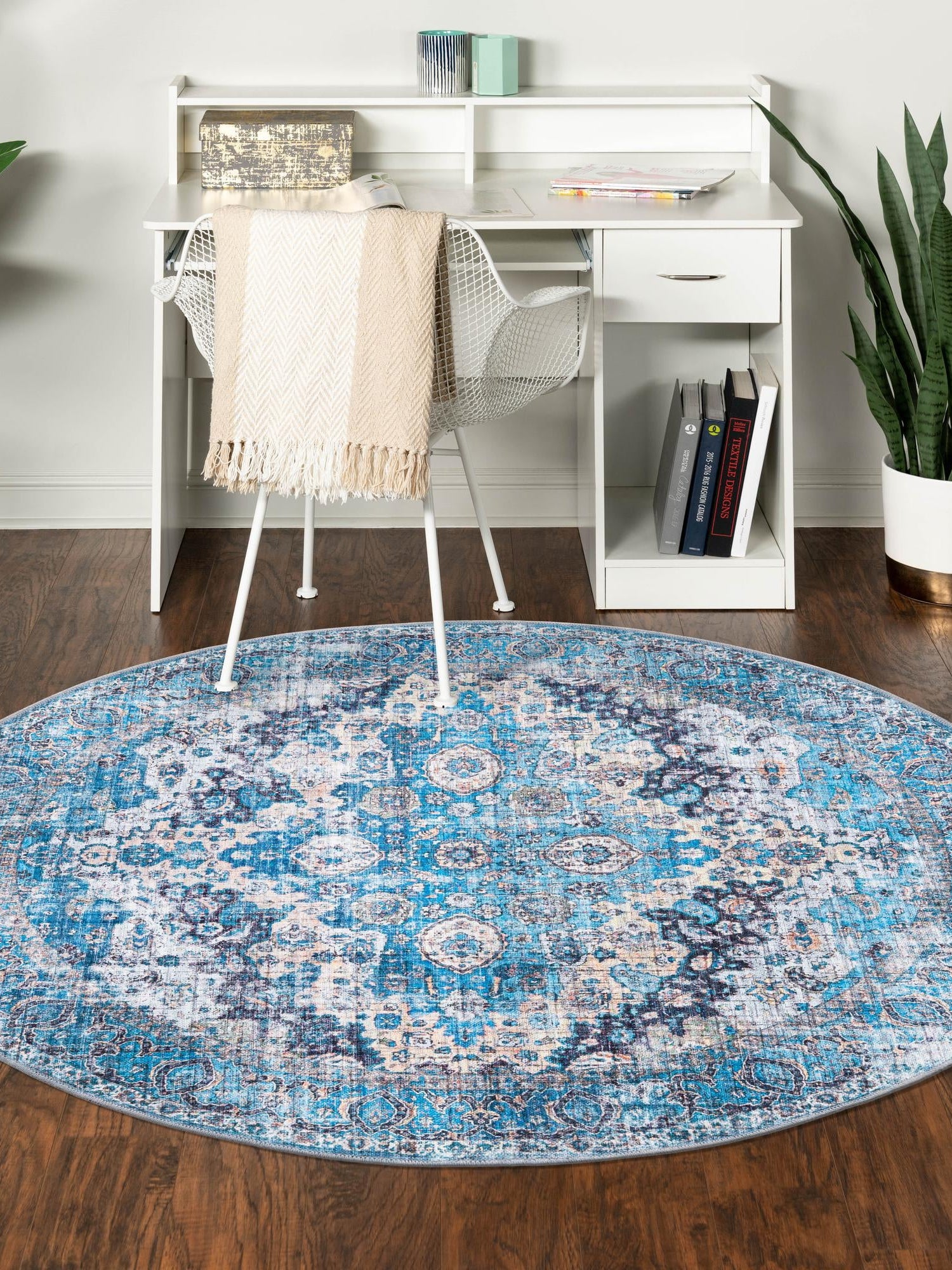 Washable Blue 7' 3 x 7' 3 Mangata Washable Round Area Rug Easy to Clean Stain Resistant & Durable Chenille Traditional Vintage Distressed Carpet for Sale at Rug Engine