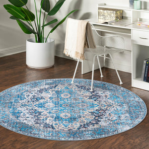 Washable Blue 3' 11 x 3' 11 Mangata Round Area Rug Easy to Clean Stain Resistant & Durable Chenille Traditional Vintage Distressed Carpet for Sale at Rug Engine