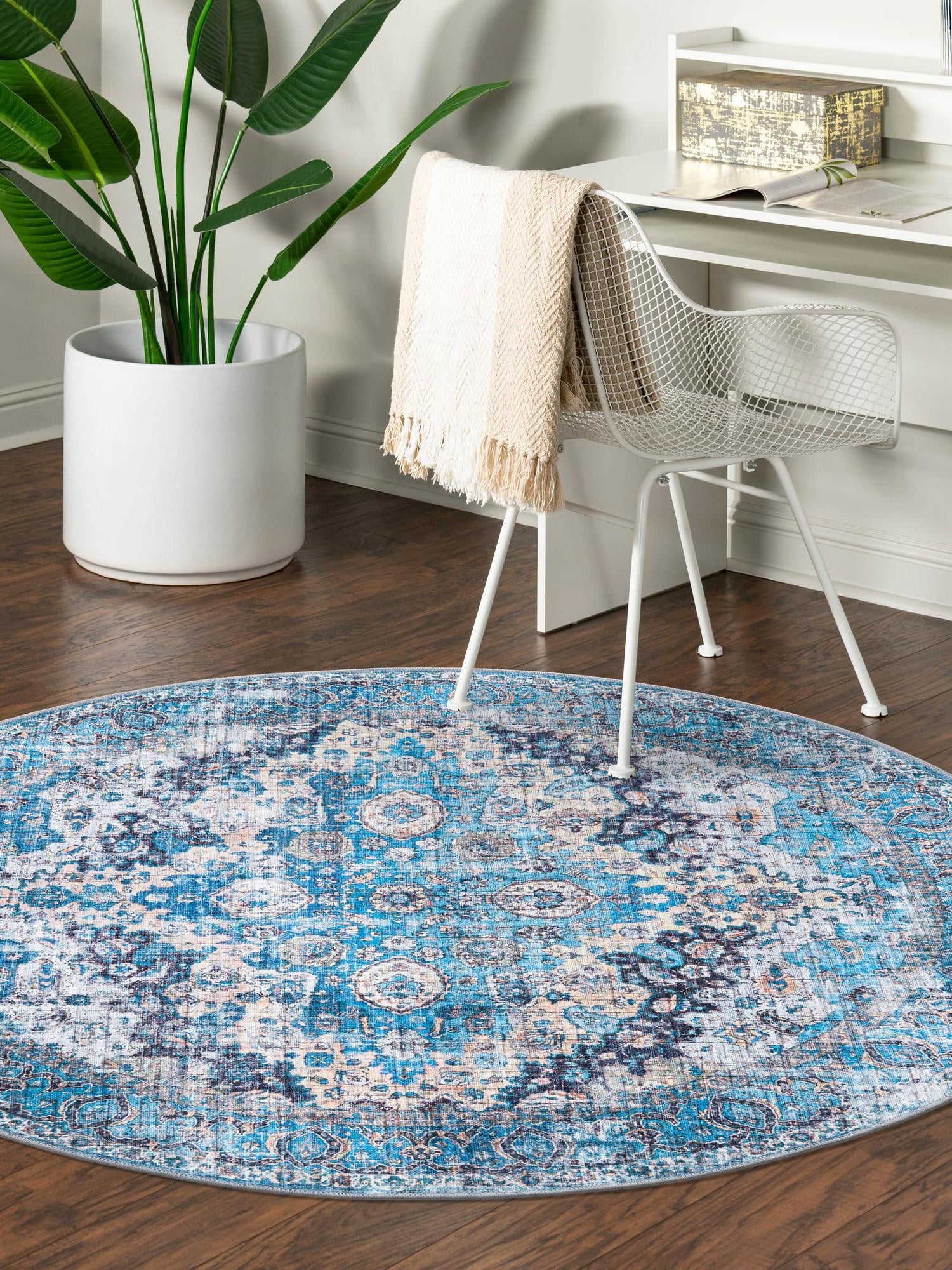 Washable Blue 7' 3 x 7' 3 Mangata Washable Round Area Rug Easy to Clean Stain Resistant & Durable Chenille Traditional Vintage Distressed Carpet for Sale at Rug Engine