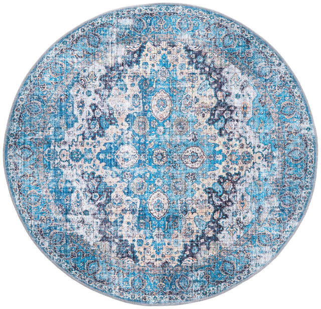 Washable Blue 5' 3 x 5' 3 Mangata Round Area Rug Easy to Clean Stain Resistant & Durable Chenille Traditional Vintage Distressed Carpet for Sale at Rug Engine