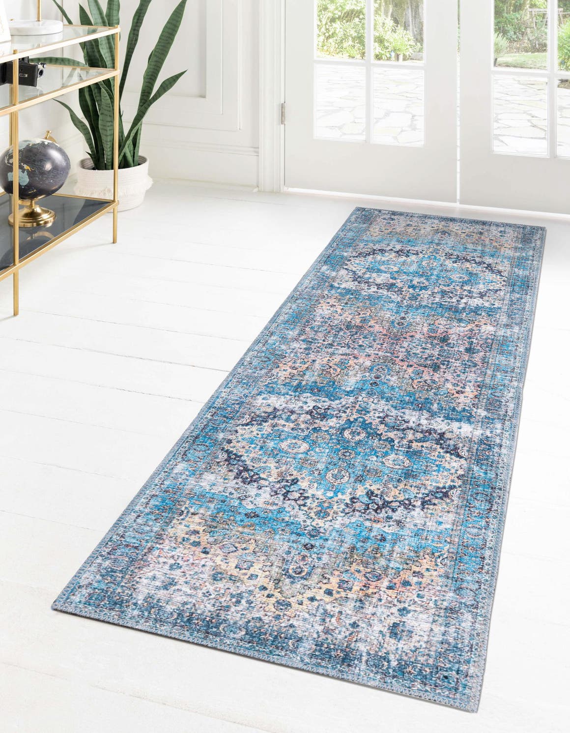 Washable Blue 2' 7 x 13' Mangata Runner Area Rug Easy to Clean Stain Resistant & Durable Chenille Traditional Vintage Distressed Carpet for Sale at Rug Engine