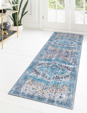 Washable Blue 2' x 10' Mangata Runner Area Rug Easy to Clean Stain Resistant & Durable Chenille Traditional Vintage Distressed Carpet for Sale at Rug Engine