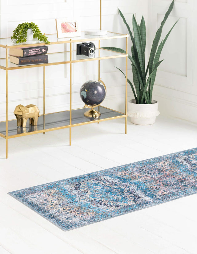 Washable Blue 2' x 6' Mangata Runner Area Rug Easy to Clean Stain Resistant & Durable Chenille Traditional Vintage Distressed Carpet for Sale at Rug Engine