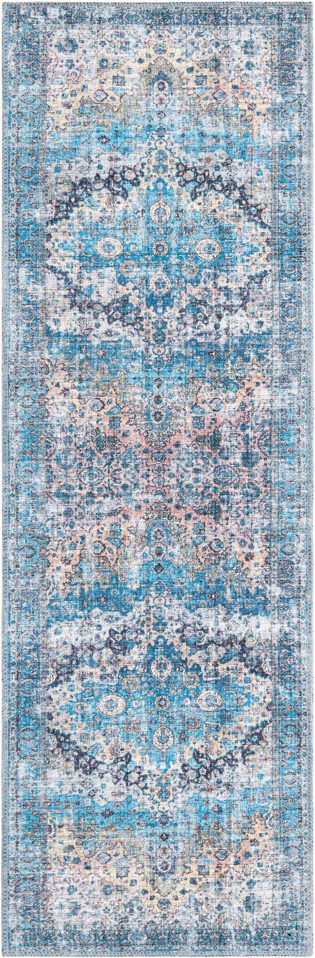 Washable Blue 2' x 6' Mangata Runner Area Rug Easy to Clean Stain Resistant & Durable Chenille Traditional Vintage Distressed Carpet for Sale at Rug Engine