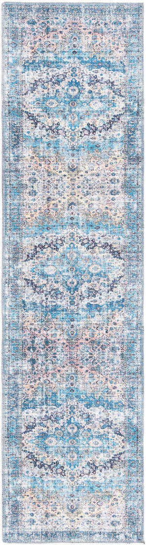 Washable Blue 2' x 7' 10 Mangata Runner Area Rug Easy to Clean Stain Resistant & Durable Chenille Traditional Vintage Distressed Carpet for Sale at Rug Engine