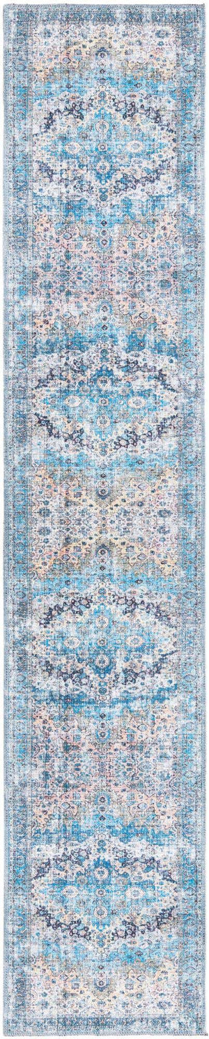 Washable Blue 2' x 10' Mangata Runner Area Rug Easy to Clean Stain Resistant & Durable Chenille Traditional Vintage Distressed Carpet for Sale at Rug Engine